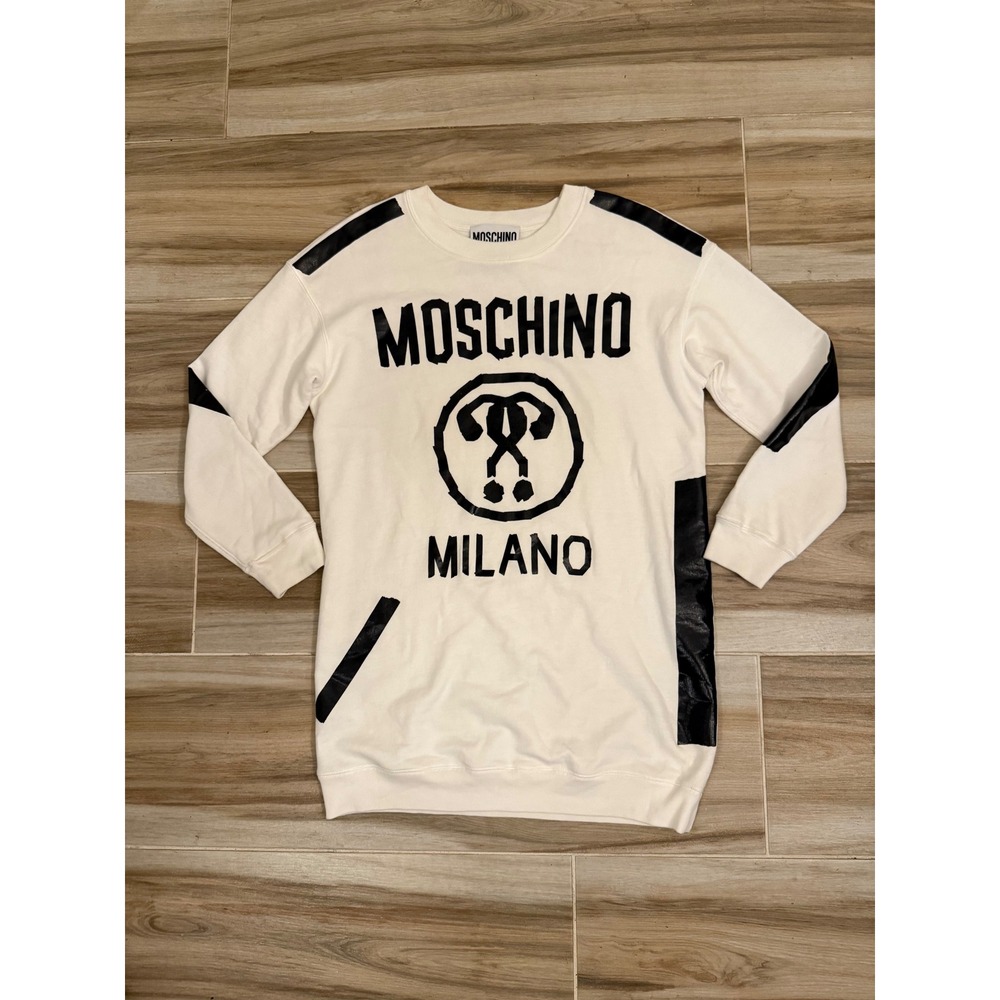 Moschino Couture Milano Logo Sweatshirt Dress White‎ Black Tape Stripe A04475427